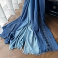 Linen cotton gradient scarf in blue with jacquard patterns and delicate fringe - 1511 Navy Blue + Light Blue