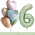 Detail of 40-inch sage green number 6 balloon with heart-shaped aluminum foil decorations - Olive Number 6 / Number And Heart Balloon Combination