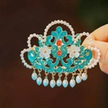 Traditional Chinese cyan enamel hair clip with white flowers and pearl tassels - F1534 Cloud Pearl