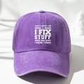 Washed purple cotton baseball cap with I FIX STUFF text and wrench icon design - One Size / Purple
