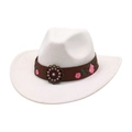 Chapeau de cow-boy blanc en feutre de laine avec broderie florale et boucle en métal - Blanc (Bande en cuir fleur rose)