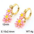 Golden daisy hoop earrings with pink enamel petals and yellow core, 12mm diameter size - Gold Double Layer Pink Yellow Daisy Earrings (KE112904-HF)