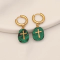 Orecchini a croce con pendente in pietra naturale verde e cerchi in oro inox - Malachite (5#)