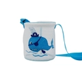 Children's white mesh beach bag featuring a blue pirate whale design and adjustable strap - Blue Pirate Whale