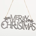 Silver glitter Merry Christmas hanging sign with stars and jute rope for holiday decor - Silver Large