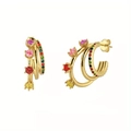 Three-layer gold C-shaped hoop earrings with multi-color zircon stones on white background - Three-layer Rainbow Hoop-Gold (JQH0019-GG-2) / 24K