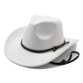 Classic white wool felt cowboy hat with black decorative band and adjustable wind rope - M(56-58cm) / White