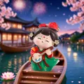Traditional Tang style doll figurine in red and green Hanfu on a wooden boat - Large Graceful Dance