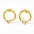 Water ripple textured golden earrings with sparkling rhinestone studs on white surface - Gold White Zirconia Style (KDE761)