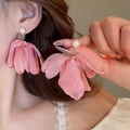 Pink petal mesh earrings with white pearl detail and gold-tone metal flower drops - Chiffon Material Layered Petal Pearl (39# Pink)