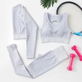 Set yoga tre pezzi in maglia a coste con top a maniche lunghe, reggiseno e leggings a vita alta - S / Bianco Sporco