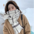 Thick mohair scarf with brown plaid pattern and fringe detail for winter warmth - Striped Beige