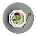 Gray round faux leather placemat with decorative stitching and textured surface - Pressed Edge Faux Leather Round / Gray