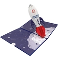 Biglietto d'auguri 3D con un razzo bianco e rosso che decolla da un pianeta blu - Biglietto Razzo