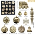 Set di 60 decorazioni natalizie dorate con palline, fiocchi di neve e piccoli treni - Oro champagne