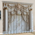 European style curtains with 3D marble column print and elegant gold and white drapes - White Gold Marble Pillar