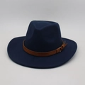 Classic dark blue wool felt fedora with a brown faux leather band and metal buckle - One Size / Navy Blue (Yellow Cord Decor)