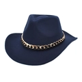 Detailed view of dark blue wide-brim fedora hat with decorative thick gold chain link - Navy Blue / M (56-58cm)