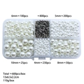 White faux pearl sorting box with 4mm-10mm beads and silver studs for DIY crafts - 600 Pcs/Box / White (With Rivets)