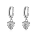 Detailed view of silver strawberry pendant earrings with cubic zirconia inlay stones - Silver Textured Strawberry Hoop Earrings