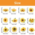 Size guide for sunflower stickers with dimensions in centimeters and inches for party decor - 12 Pcs Cupcake Toppers