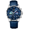 Orologio al Quarzo Multifunzione da Uomo LIGE con Cinturino in Pelle Blu e Quadrante Stellato - Cassa argento cinturino in pelle blu