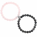 Close-up of pink quartz and grey stone magnetic couple bracelets with a silver metal ball - Rose Quartz & Dark Grey Labradorite Magnetic Style (Style-06)