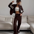 Dark brown high street sporty two-piece set with white side stripes and cropped zipper jacket - S / Brown