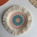 Handwoven round cotton placemat with orange mandala pattern and cream fringes - 17cm Green Orange Floral Coaster Style 10