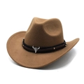 Detail of western cowboy hat with metal bull skull emblem and silver rivets on band - M (56-58cm) / Khaki