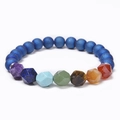 Detailed shot of 8mm blue matte beads and faceted 7 chakra stones on an elastic bracelet - Blue Matte Style (Style 01)