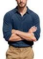 Detailed view of dark blue corduroy shirt fabric texture and front button pockets - Navy Blue