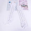 White lace fingerless long gloves with ribbon crossover lacing and bow details - White Lace with White Ribbon