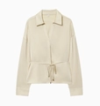 Close-up of elegant beige satin shirt with V-neckline and adjustable drawstring waist - XS / Off White