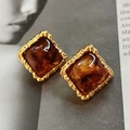 Orecchini a perno quadrati vintage dorati con cuore in marmo marrone e trama martellata - N. 4 Perno in Argento Oro Quadrato