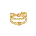 Adjustable golden hollow-out wide ring with pink opal stones and twisted rope detail - Three-layer Pink Stone