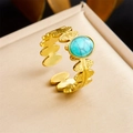 Vintage 18k gold plated stainless steel ring featuring a leaf band and oval turquoise - Leaf Row Turquoise Style (R510) / Adjustable Open