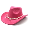 Detail of fuchsia cowboy hat with double-row white pearls and teardrop pearl charms - Rose Red