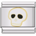 Detail of square stainless steel charm with white enamel skull and gold trim - 0012 - White Skull With Silver Trim