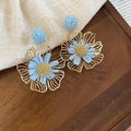 Blue raffia flower earrings with golden hollow design for a bohemian summer look. - Silver Needle Style (58#)