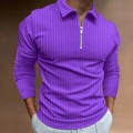 Detail of purple long sleeve polo shirt featuring vertical knit texture and zip-up collar - Purple