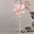 Épingle à cheveux fleurs roses avec pompon doré et perles pour coiffure Hanfu - Fleur de Pêcher Rose