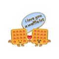 Enamel pin with cute cartoon waffles and 'I love you a waffle lot' pun text in gold trim - I Love You A Waffle Lot
