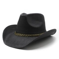 Cappello da cowboy western nero con cordino dorato intrecciato e tesa larga rigida estiva - M (56-58cm) / Nero