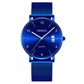 Blue Geneva quartz watch with a sleek metal mesh strap and minimalist round dial - Blue Dial Silver Hands Blue Case Blue Mesh Strap