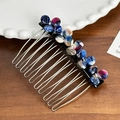 Pettine per capelli in metallo argento con fiori di resina marmorizzata blu-viola e cristalli - Blu Multicolore