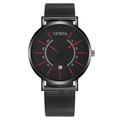Geneva men's quartz watch featuring a black dial with red markers and grey mesh strap - Red Hands Black Dial Black Case Black Band