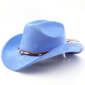 Détail du chapeau de cowboy en daim bleu avec ruban tressé brun et pendentif main - M(56-58cm) / Bleu ciel profond