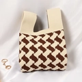 Brown and beige checkered knit tote bag featuring a minimalist woven pattern design - Mika Cookies