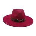 Burgundy wide brim fedora hat with black leather band and silver bull head emblem - Burgundy